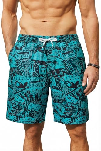 Enlision Hawaiian Swimming Shorts Men 7.5" Quick Dry Teal Mens Summer Bermuda Long Swim Trunks with Mesh Liner Pockets Surf Board Shorts for Beach Holiday Plus Size XXL