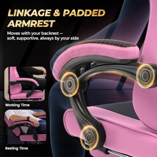 Image of GTPLAYER Video Gaming Chair Fabric, Ergonomic Computer Chair with Footrest and Pocket Spring Cushion, Height Adjustable Video Gamer Chair with Lumbar Support for Adults, Pink