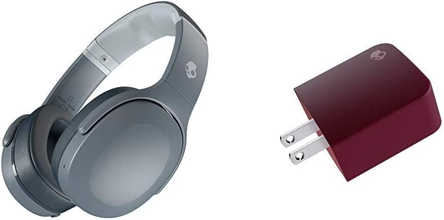 Skullcandy Crusher Evo Wireless Over-Ear Headphone in Chill Grey with a Fix Rapid AC Adapter with Double USB Port in Deep Red