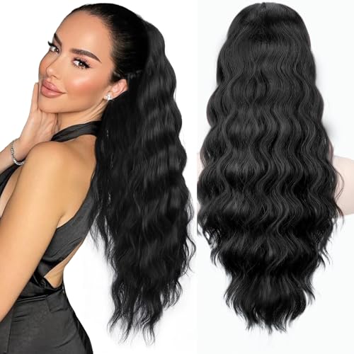 NOSTALGIA 26 Inch Wavy Drawstring Ponytail Extension, Natural Black