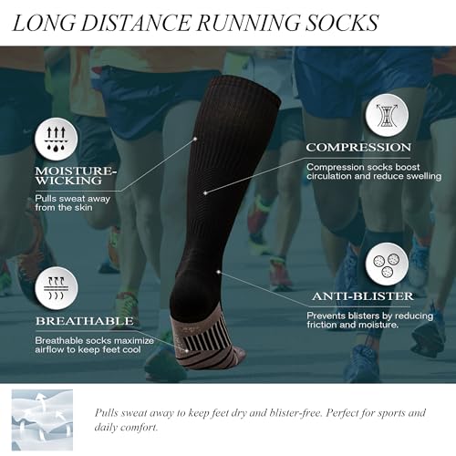 Coolmax 20-30 mmHg Compression Running Socks, Long Distance Anti Blister Cushion Moisture Wicking Tall Athletic Socks 2 Pairs3