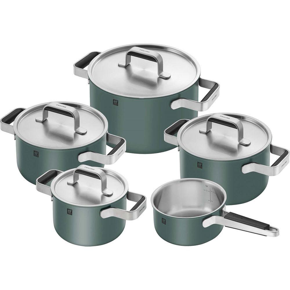 ZWILLING Pure Batterie de cuisine 5 pièces en acier inoxydable 18/10 avec revêtement extérieur en céramique et poignées Stay-Cool Passe au lave-vaisselle Vert