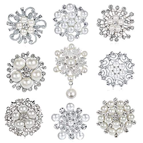 Brooch Ladies Pearl Rhinestone Bridal Wedding Bouquet Flowers Brooches for Women Fashion (9PCS Charming Pins)