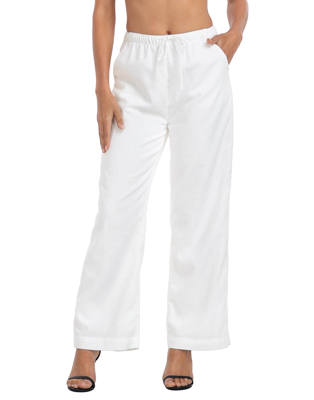 HDE Women's Linen Drawstring Pants Wide Leg Casual Palazzo Trouser with Pockets