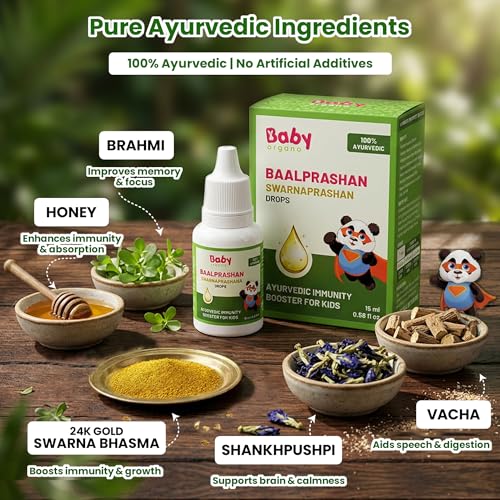 Image of BabyOrgano Swarnaprashan Drops for Kids | 24 Carat Gold Immunity Booster | Suvarnaprashan Gold Drops with Swarna Bhasma & Honey | Brain, Memory & Growth | 100% Ayurvedic, 0-15 Yrs, 15ml (Pack of 1)