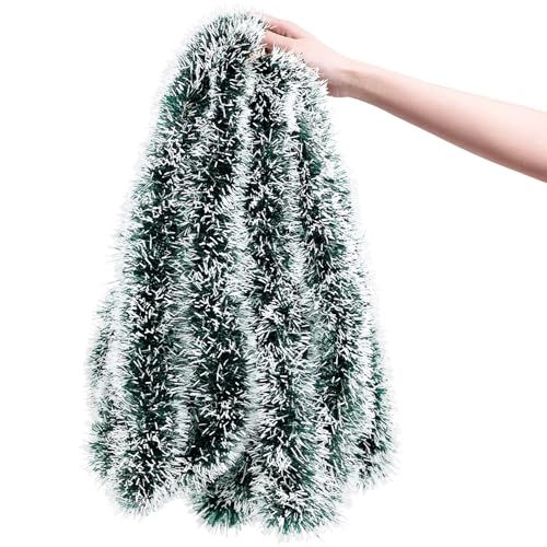 Yumatch 10M Chunky Christmas Tinsel Garland for Christmas Tree and Home, Christmas Tree Hanging Tinsel Xmas Tinsel Decorations, Dark Green Xmas Tinsel