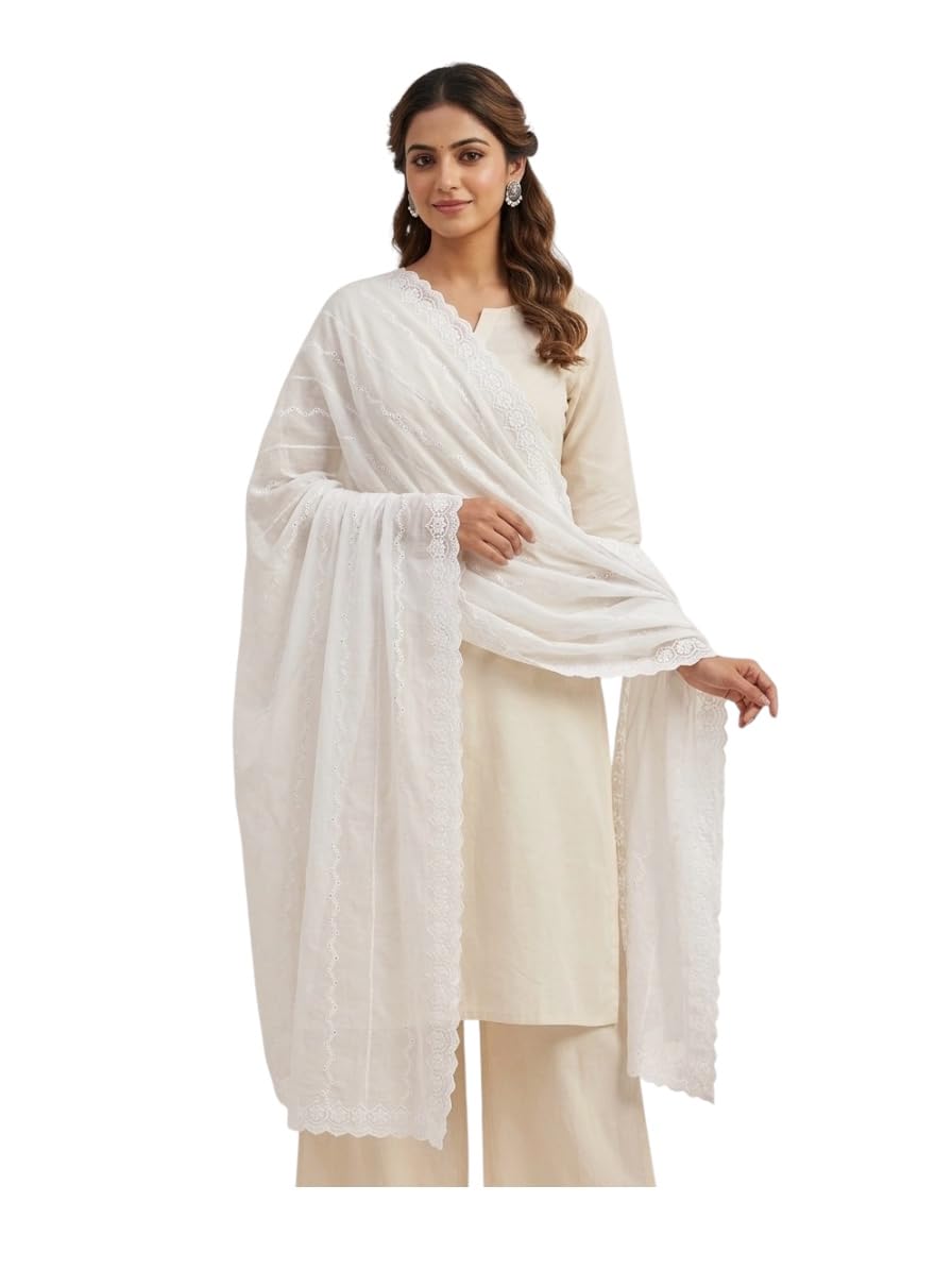 White Pure Cotton Chikankari Dupatta, 2.50 Meter, with Delicate Lace Border, Festive dupatta-picture-24