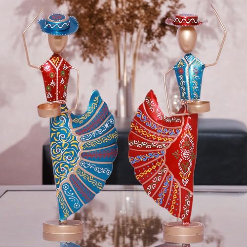 Image of Kraftskala Colorful Dancers Iron Showpiece with Tealight Candle Holder - Decorative Figurine for Home, Celebratory Gift for Anniversary, Festivals & Weddings (Mariachi Dancers)