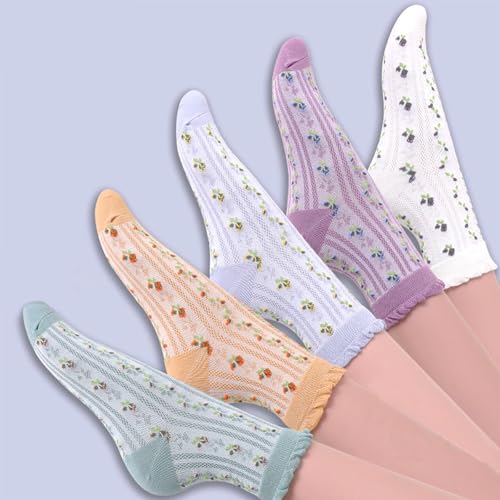 Image of DXYAKY 5 Pairs Womens Floral Cotton Socks Vintage Patterned Crew Socks Novelty Ankle Ruffled Warm Casual Dress Socks