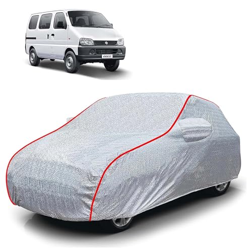 Image of Sulfar 100% Waterproof Car Body Cover Compatible with Mirror for Maruti Suzuki Eeco (Triple Stitched, Full Bottom Elastic, Magic Silver with Red Piping)