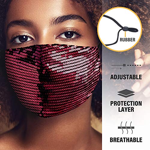 Women’s Lady’s Sequin Multi Color Fashion Bling Face Nose Mask With Adjustable Ear Loops Washable Reusable Breathable (Red)