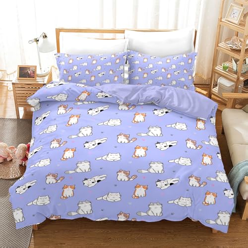 Katze Bettwäsche 135x200 Cartoon Katzen Bettwäsche Set für Erwachsene Jungen und Mädchen niedliche lila Katze Atmungsaktiv Weicher Mikrofaser Bettbezug mit Kissenbezügen(Katze-4 135x200cm)
