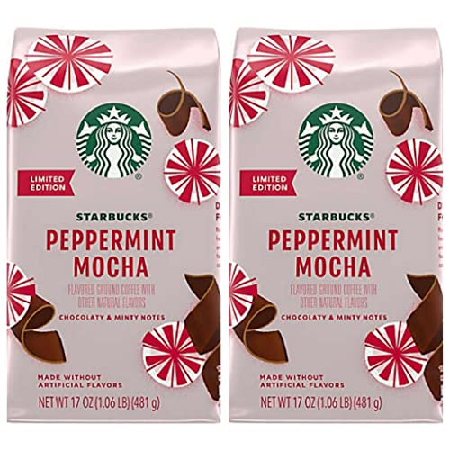 Starbucks Peppermint Mocha Ground Coffee - Pack of 2 Larger Size 17 oz Bags - Flavored Starbucks Coffee - Limited Edition Seasonal Flavor