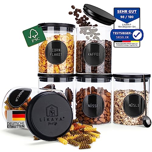 LIKAYA® Vorratsgläser 6er-Set – 800ml Glasbehälter mit FSC® Pinienholz-Deckel | Inkl. Metalllöffel, Etiketten & Stift – Perfekt für stilvolle und luftdichte Lebensmittelaufbewahrung