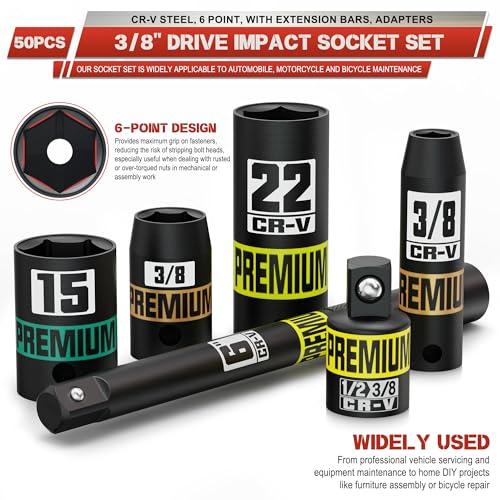 Image of 3 /8 inch Drive Impact Socket Set, 50-Piece Standard SAE 5 /16 to 3 /4 inch and Metric 8-22mm, Cr-V Steel, 6 Point, with Extension Bars and Adapters, for Impact Wrenches, Automotive and Home