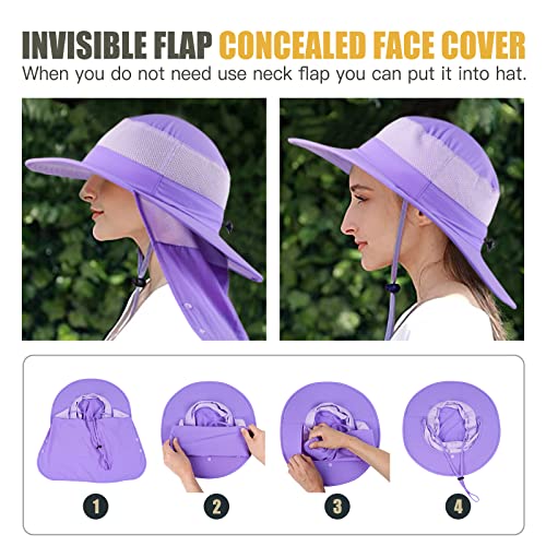 Sclzoed Fishing Hat For Men，Outdoor Sun Hat Upf52+ Mesh Wide Brim Fishing Hat With Neck Flap Purple #TOP3