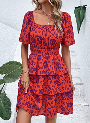 Image of PRETTYGARDEN Women's Summer Floral Ruffle Short Dress | Short Sleeve Square Neck, Flowy Tiered Hem, Fit and Flare, Flower Boho Dresses, Cute Beach Vacation Outfits, Fashion Clothing