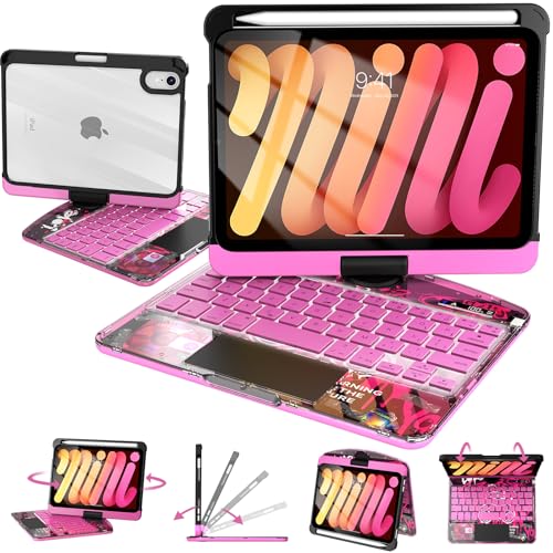 Image of Intermerge Keyboard Case for iPad mini 7 (A17 Pro, 2024) & Mini 6 (2021) 8.3 inch - 360 Swivel Multi-Touch Trackpad, 7-Color RGB Backlit Keys, Pencil Holder, Type-C Charging, Power Indicator-Blush Pulse