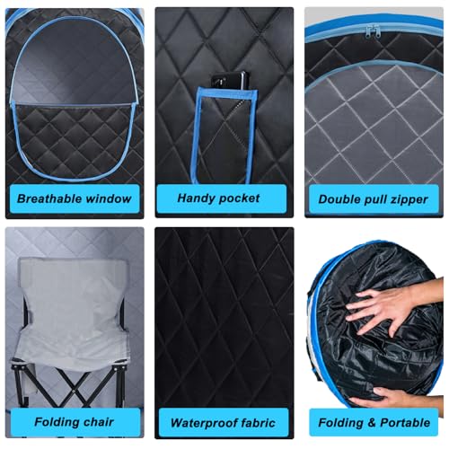 Wizzisauna Foldable Portable Steam Sauna, Personal Sauna Tent for Home SPA with 1000w 2.2L Steamer, Folding Chair, Remote Control, Black