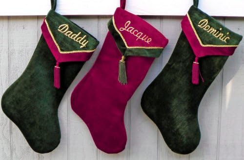 Personalized Christmas Stockings Green Velvet : Burgundy Trim and Tassel