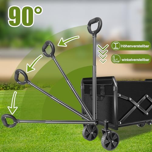 SURFOU Bollerwagen faltbar 100kg belastbar & 120L Volumen | Mit 360° All-Terrain Reifen | Robustes Stahlchassis & Wetterfeste Plane | Ideal für Camping, Strand und Festival (Schwarz)