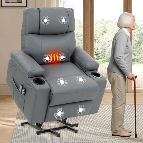 Power Lift Recliner Sofa Chair, Electric Stand Assit for Elderly People, Faux Leather Reclining Chair with Cup Holders, Massage & Heat Functions, Living Room or Bedroom Furniture for Resting, Gray