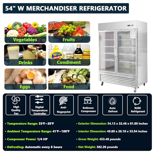 Image of 54 inch Commercial Refrigerators with 2 Glass Door, 42.2 Cu.ft. Reach-in Commercial Fridge, Commercial Fridge with Fan Cooling, Digital Temperature Display, ETL Certified for Restaurant, Bar