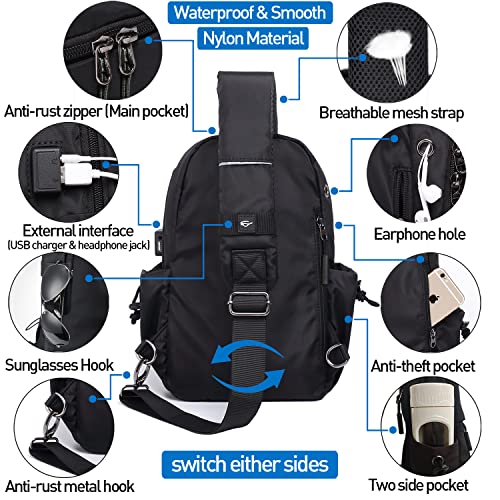 Small Black Sling Crossbody Backpack Shoulder Bag For Men Women, Lightweight Waterproof One Strap Backpack Sling Bag Backpack For Hiking Walking Biking Travel Cycling Usb Charger Port-Nylon #TOP1