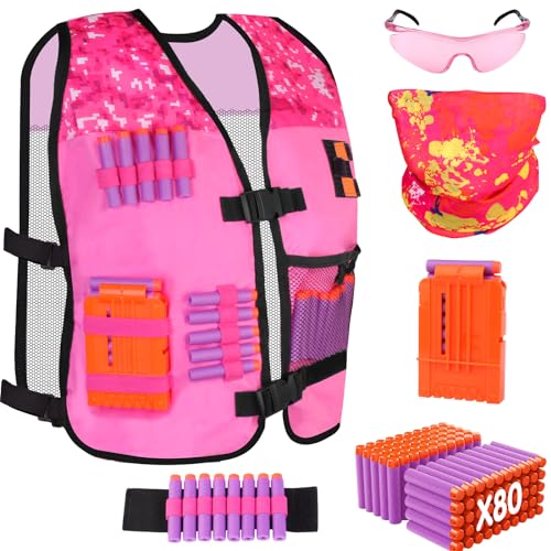 OFUN Kit chaleco táctico para niños niñas, accesorios nerf con máscara bandana táctica, clip carga, gafas, muñequera y 80 dardos carga, rosa