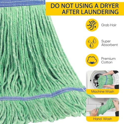 Image of Matthew Cleaning Heavy Duty Mop Head Commercial Replacement for General and Floor Cleaning , Wet Industrial Blue Cotton Looped End String Head Refill (Pack of 12) Green