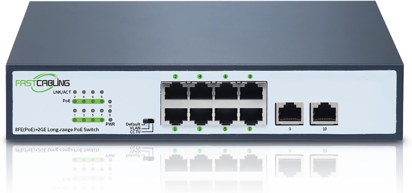 1500ft 8 Port Long Range PoE+ Switch, PoE Extension with Continuous Run of cat5e/cat6, Fast Ethernet 10/100Mbps, 30W IEEE802.3at/af