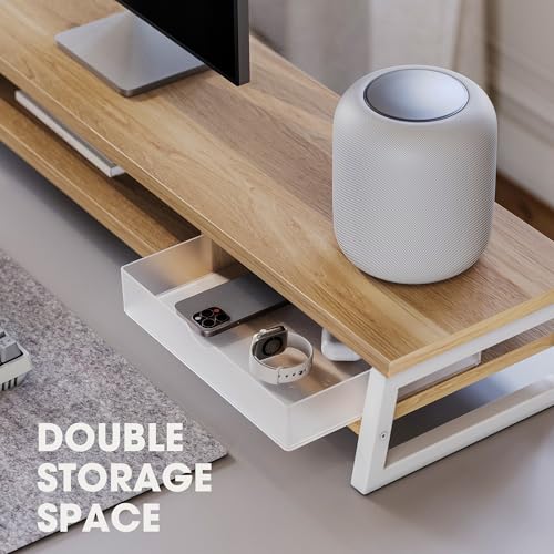 Image of Fenge Dual Monitor Stand, Monitor Riser with Drawer, 42.5 Inch Large Computer Monitor Stand for 2 Monitors, 2 Tier Wooden Desk Shelf for Top of Desk