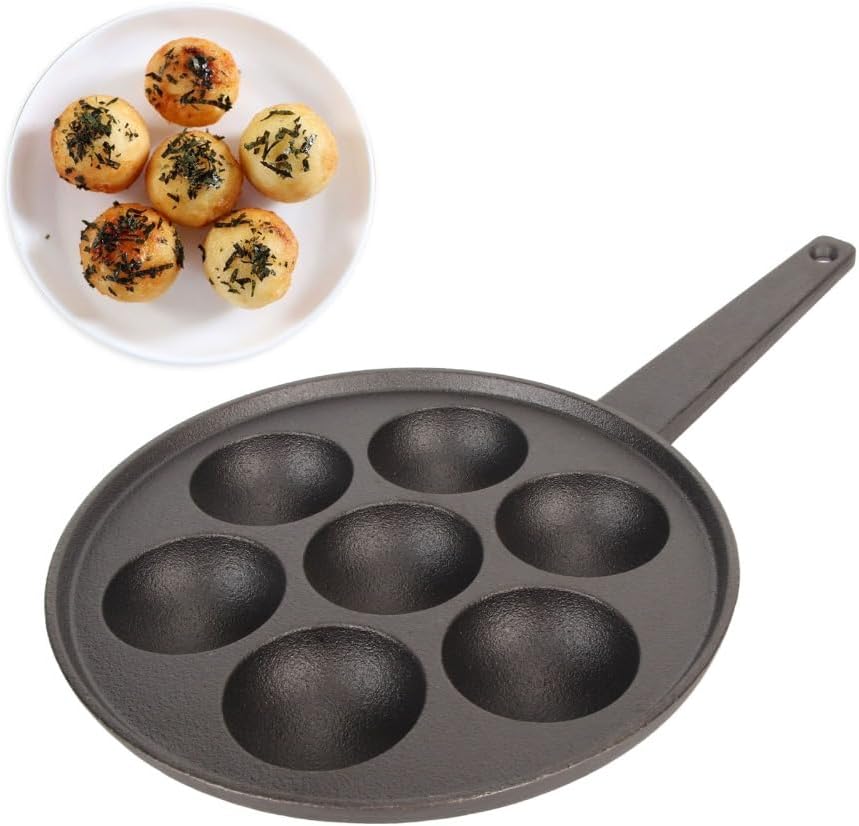 7 Hole Cast Iron Takoyaki Pan 7.87 In – Nonstick Grill Pan for Induction Cooker, Gas Stove Use, Deepened Enlarged Wells for Restaurant & Home Kitchen
