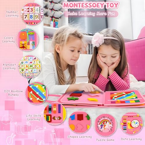 Image of Montessori Busy Board Sensory Toddler Activity Book (Pink) | Toddla Learning Quiet Book for Girls & Boys Ages 1-3, Ideal Birthday & Christmas Gift for 1+ Year Old