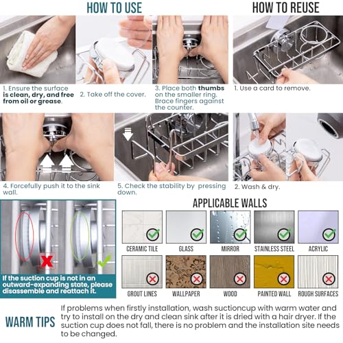 Image of TAILI 4-in-1 Sponge Holder for Kitchen Sink with Strong Suction Cup Removable, Rustproof Aluminum Sink Caddy for Sponge, Brush, Scrubber, Scraper -Silver