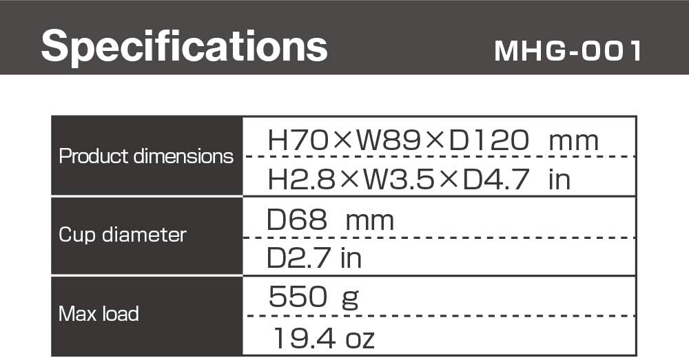 AZUTO Cup Holder specifications table