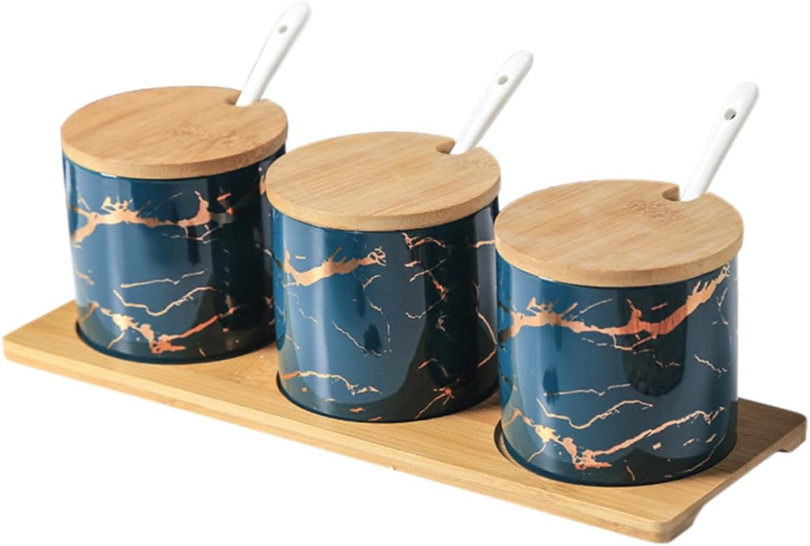 jojofuny Ceramic Seasoning Jar Set with Lid and Spoon, Emerald Marble 3pcs Kitchen Spice Container for Condiment Storage and Dining Table Use