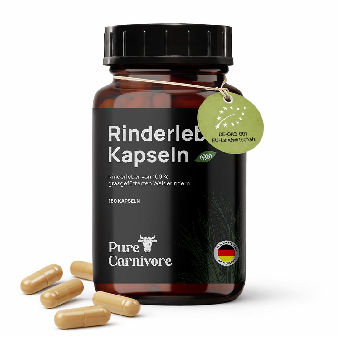 Bio Rinderleber Kapseln 180 Stück | 30-Tage-Packung | Weiderinder | Natürliches Vitamin A, B12, Eisen, B2, B3, B5, Folsäure, Kupfer | Für Keto- & Paleo-Ernährung