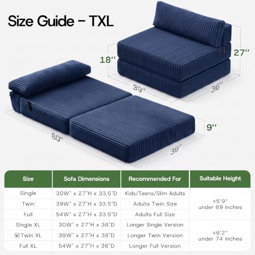 Image of Folding Sofa Bed Convertible 4 in 1 Sleeper Chair Blue Twin XL