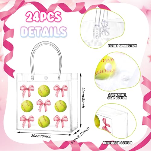 Image of Teenyyou 24 Pcs Softball Clear Gift Bag with Handles Plastic Soft Ball Goodie Sport Theme Party Favor Team Treat Bag with Pink Bow for Birthday Team Snack, 8 x 8 x 3.15 Inches