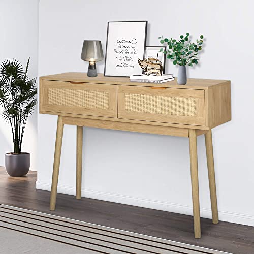 Lazzo 39" Console Table, Oak Grain Sofa Table With Wood Frame, Rustic Hallway Table With 2 Bamboo Weaving Storage Drawers For Foyer Living Room Entryway #TOP1