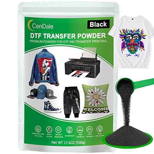 CenDale DTF Powder, 500g/17.6oz Black Hot Melt Adhesive Digital DTF Transfer Powder for Sublimation, Compatible with DTF and DTG Printers, DTF PreTreat Powder for All Fabric Jeans Cotton T-Shirt