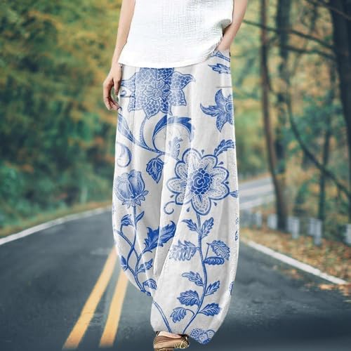 Harem Pants Women Floral Printed Wide Leg Casual Cotton Linen High Waist Summer Beach Trousers with Pockets - Image 2