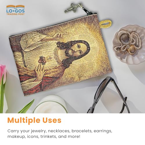 Image of Catholic Rosary Pouch, 4 inch x 6 inch Jewelry & Coin Purse with Cross, Small Woven Tapestry Icon Bag, Bolsa de Rosario Catolico para Joyeria, Sacred Heart of Jesus & Immaculate Heart of Mary, 4 inch x 6 inch