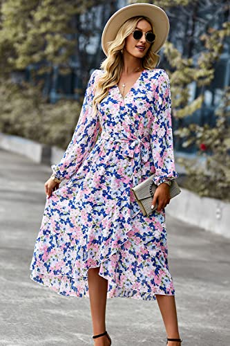 Image of PRETTYGARDEN Women's Floral Boho Dress Fall Long Sleeve Wrap V Neck Ruffle Flowy Maxi Spring Wedding Guest Vacation Dresses