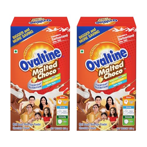 Image of OVALTINE Malted Health Drink Chocolate Flavour Powder, Nutrition Drink Powder, Rich Malt & Cocoa Taste, Tasty Milk Mix Drink, Daily Energy & Growth Beverage for Kids & Adults, 450g (Pack of 2)