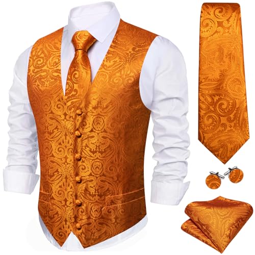 Image of Barry.Wang Mens Orange Suit Vest Jacquard Silk Flower Ties Handkerchief Cufflinks Waistcoat Set Formal Wedding Tuxedo 5PCS