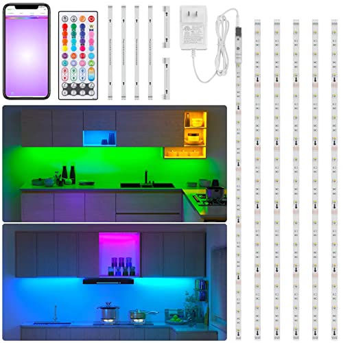 6 PCS RGBW Under Cabinet Lighting Kit,App and Remote Control Led Strip Lights,Music Sync Color Changing Led Light Strip with ETL Listed Power Supply for Kitchen Cabinet Counter TV Shelf Desk,9.8ft