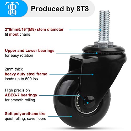 8T8 Replacement Chair Caster Wheels 2 Inch, Quiet And Smooth Rolling,Heavy Duty Wheels With Threaded Stem 5/16'', Safe For Wood Hardwood Floors, No Chair Mat Needed,Set Of 5 (2 Inch Black) #TOP4