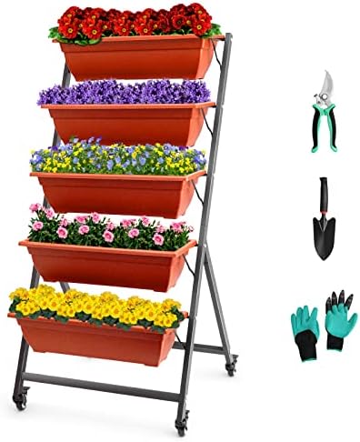EDOSTORY 4.5 FT Height Vertical Garden Planter Removable Brick Red Raised Bed Box with 5 Container Boxes,Digging Claw Gloves,Trowel,Purning Shears for Outdoor Vegetables Flowers